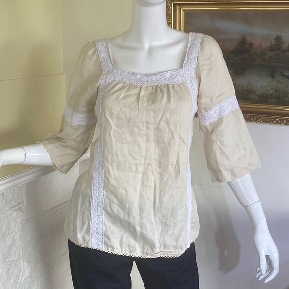 Tory Burch Square Neck Peasant Linen Blouse - Picture 2 of 13